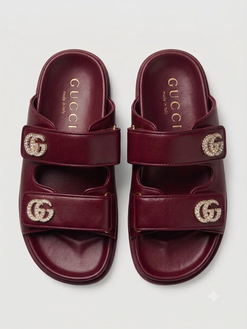 Gucci Burgundy Leather Crystal GG Slide Sandals